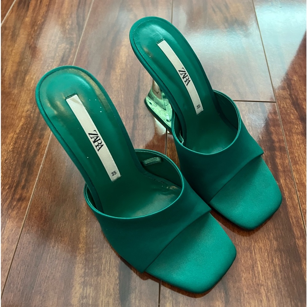 Zara green heeled sandals. Acrylic heel